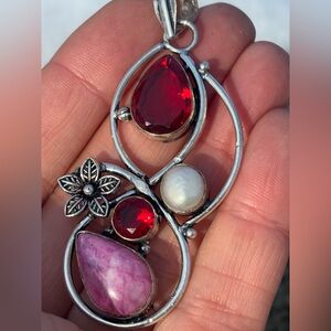 STUNNING Large Silver Plated Pink Moonstone Red Hydro Glass Pearl Pendant